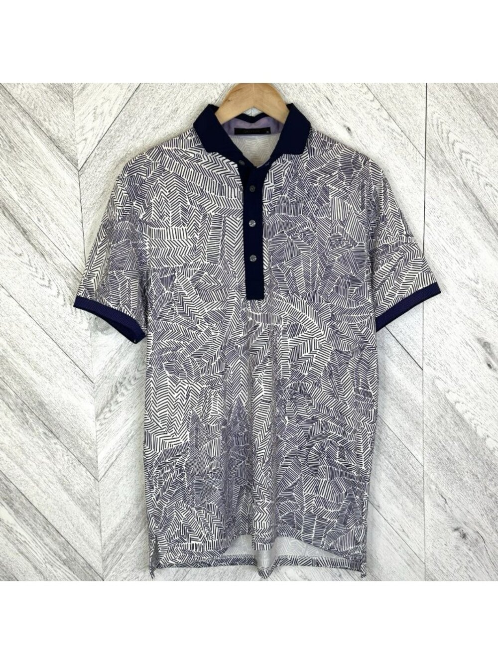 Greyson Golf Polo Shirt Mens Size Medium Purple Allover Geometric Print Stretch